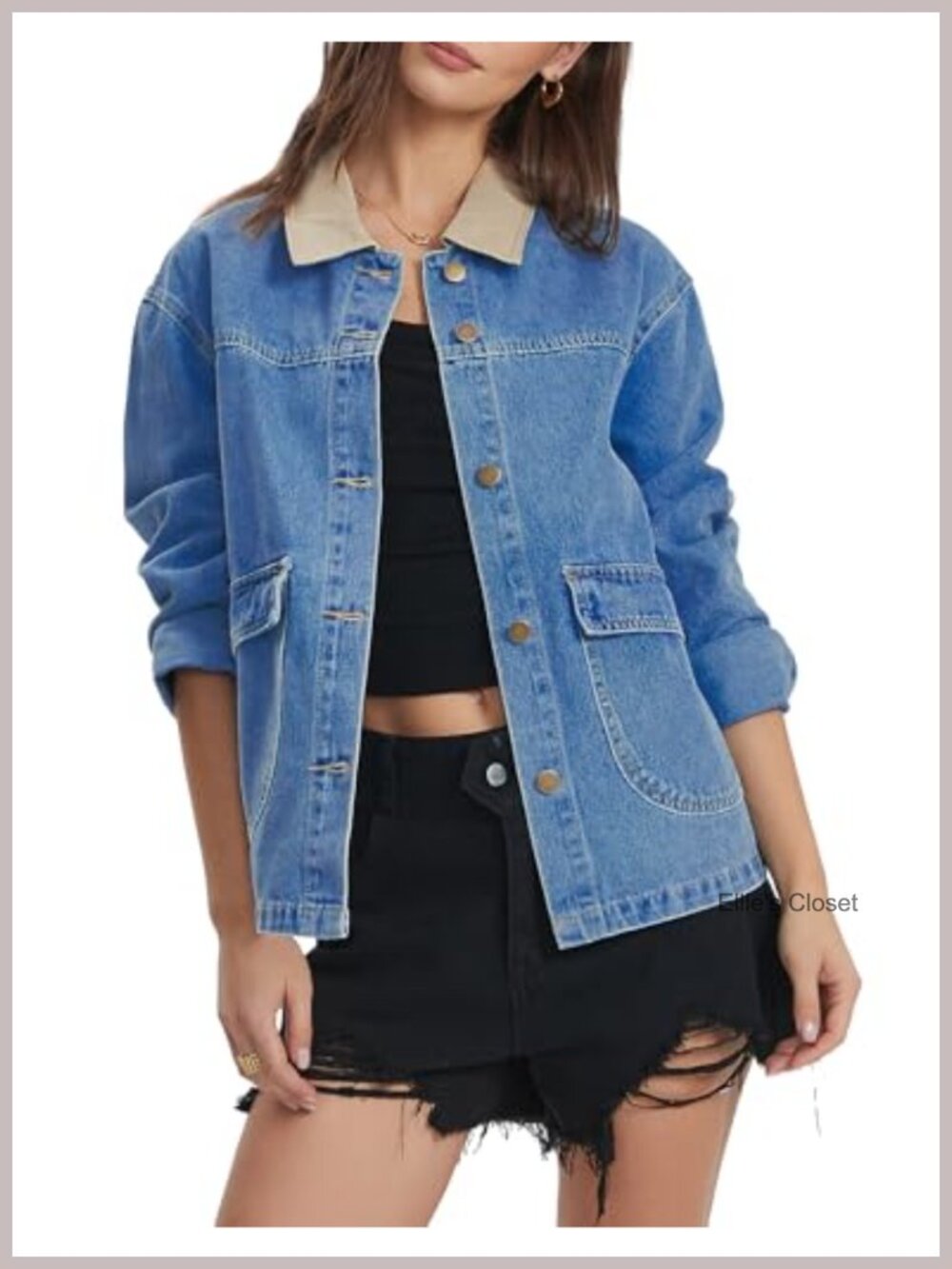 Women's Denim Jacket Long Sleeve Button Up Shacket Barn Coat Pockets